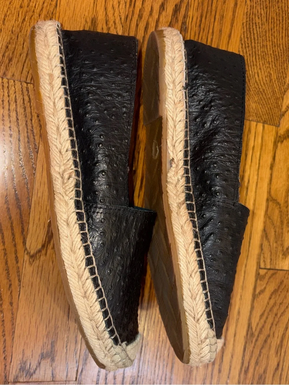 Fabiolas Black Leather Ostrich Pattern Espadrilles